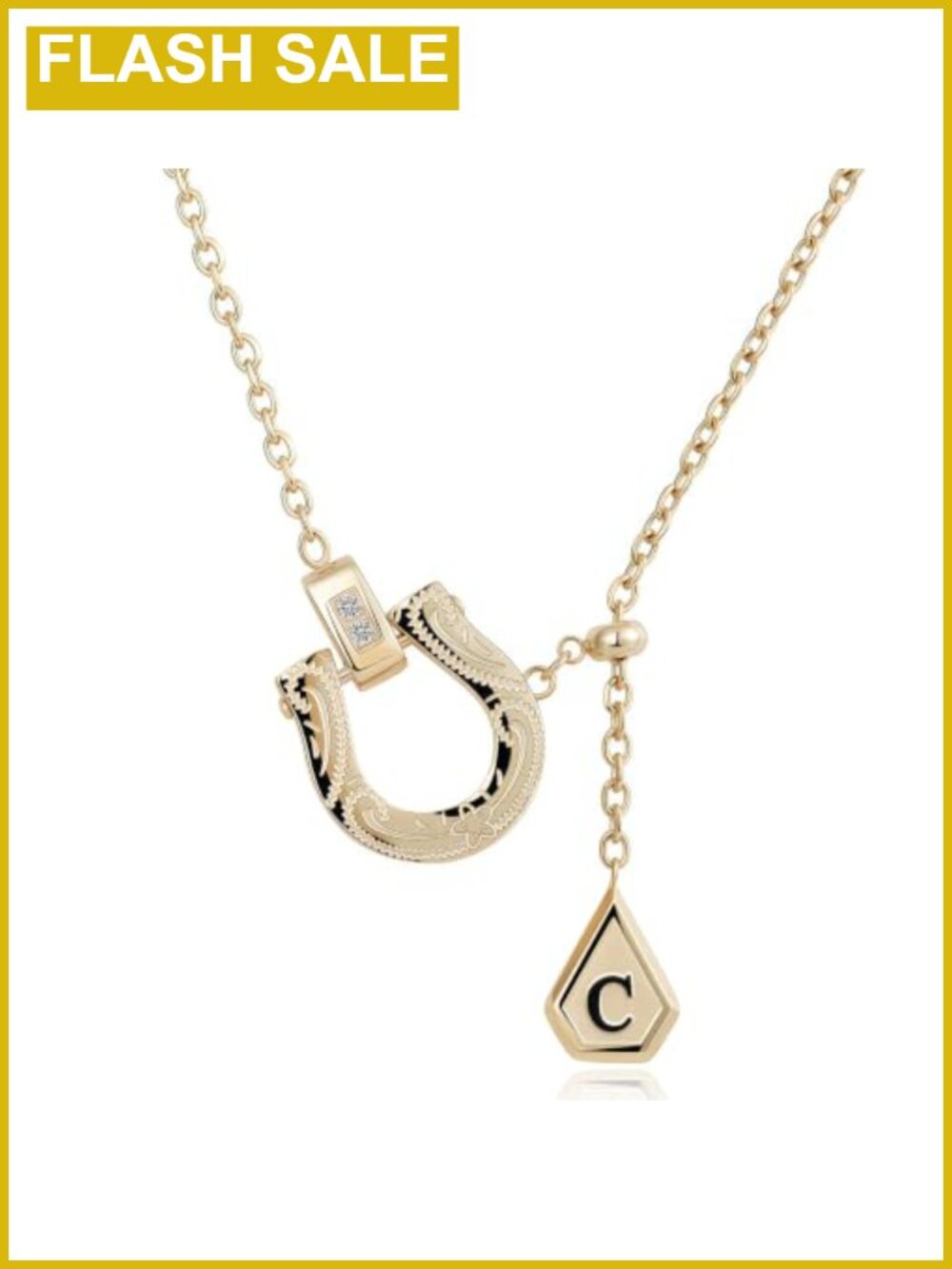 14K Gold Plated Personalized Initial Horseshoe Pendant Necklace for Women